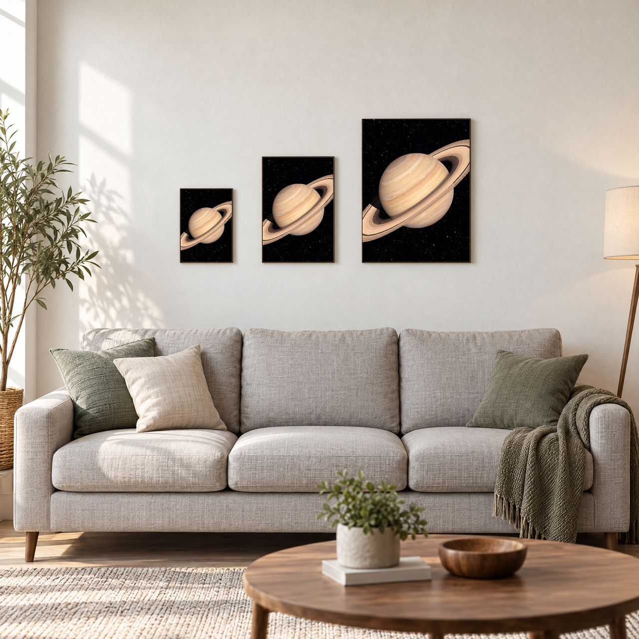 Holzposter Saturn mit Ringen in drei Größen, A4, A3 und A2, an der Wand über dem Sofa
