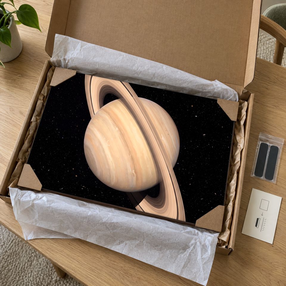 Holzposter Saturn mit Ringen im Paket: mit Kantenschutz an allen vier Ecken und Seidenpapier verpackt