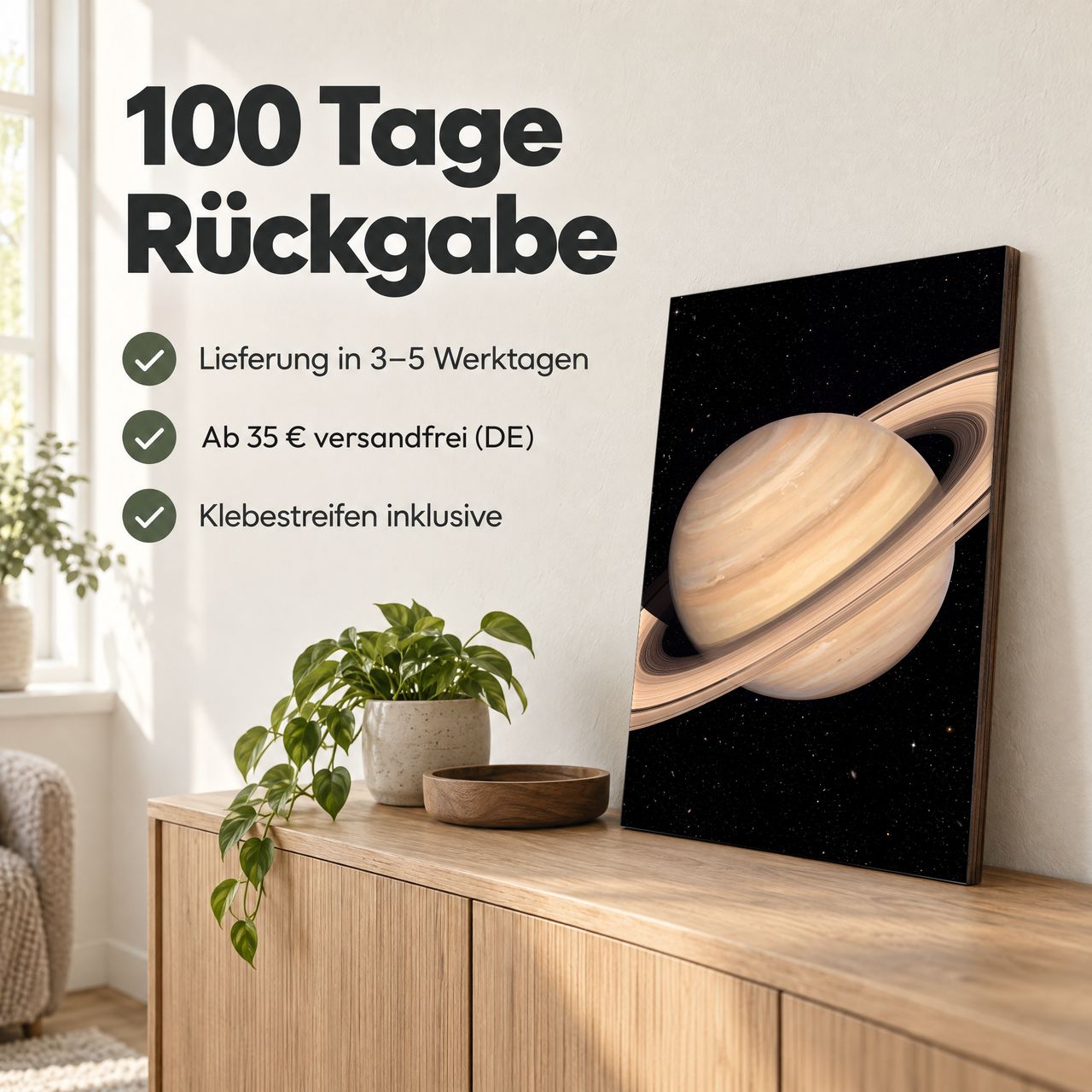 Holzposter Saturn mit Ringen: 100 Tage Rückgabe, Lieferung in 3–5 Werktagen, Klebestreifen inklusive