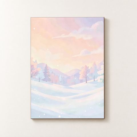 Vorderansicht des Holzposters mit einer weiten Schneelandschaft in Pastellfarben