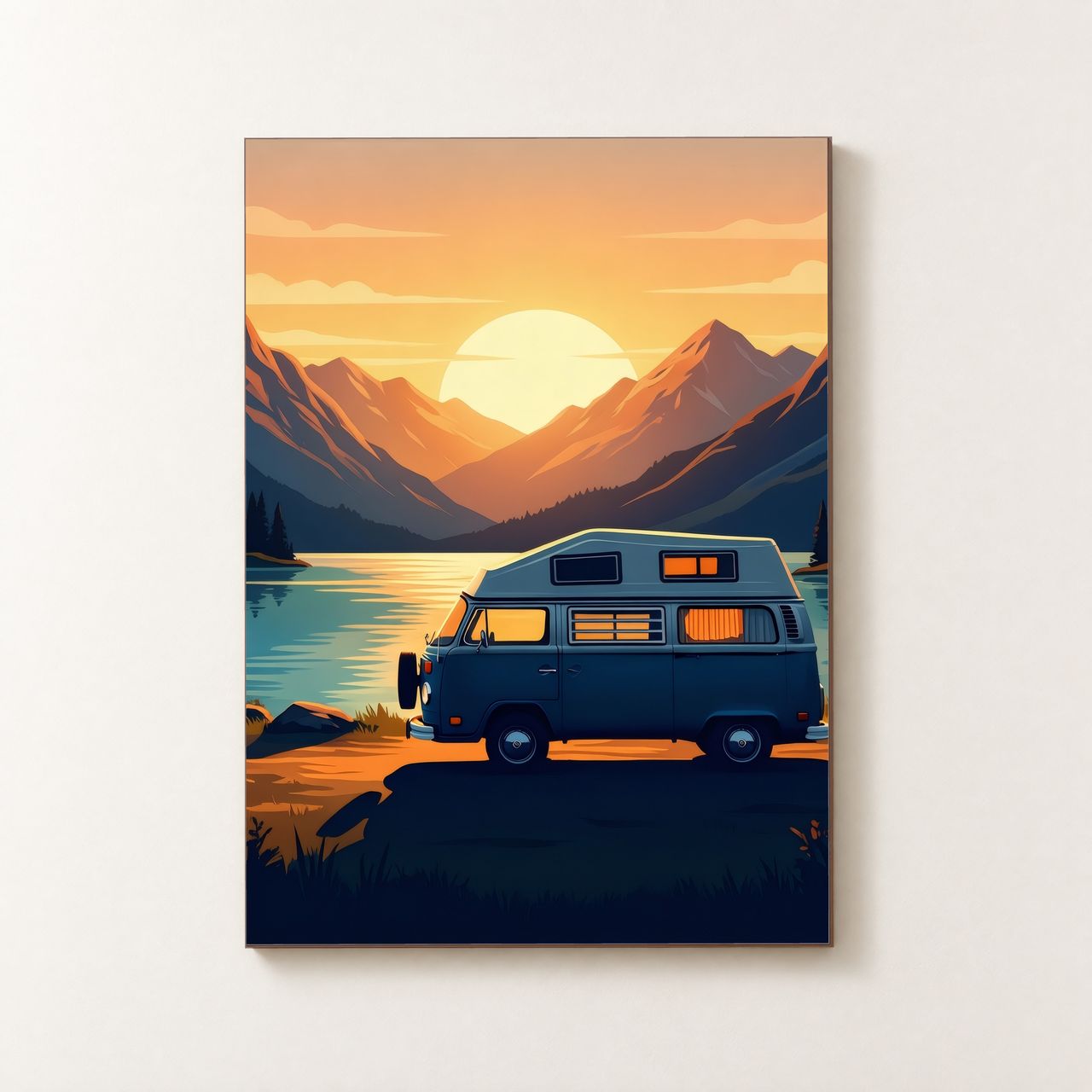 Vorderansicht des Holzposters mit slateblauem Vintage‑Camper am See bei Sonnenaufgang