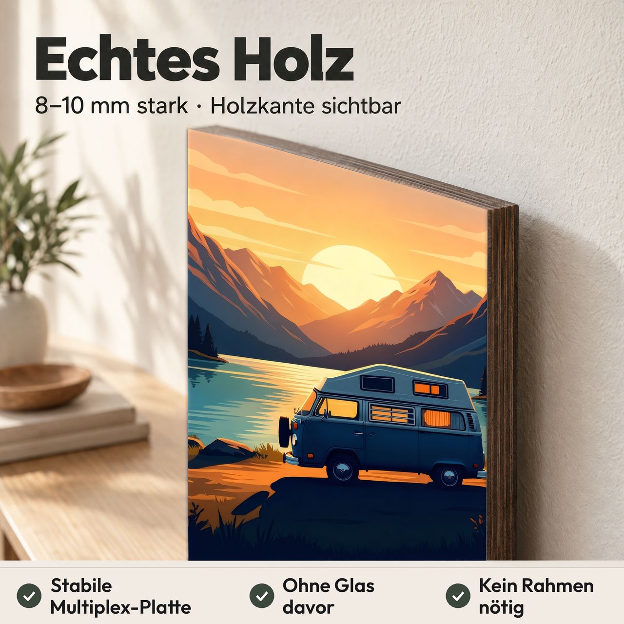 Holzposter Slateblauer Camper am Morgensee aus echtem Holz, 8–10 mm stark, mit sichtbarer Holzkante