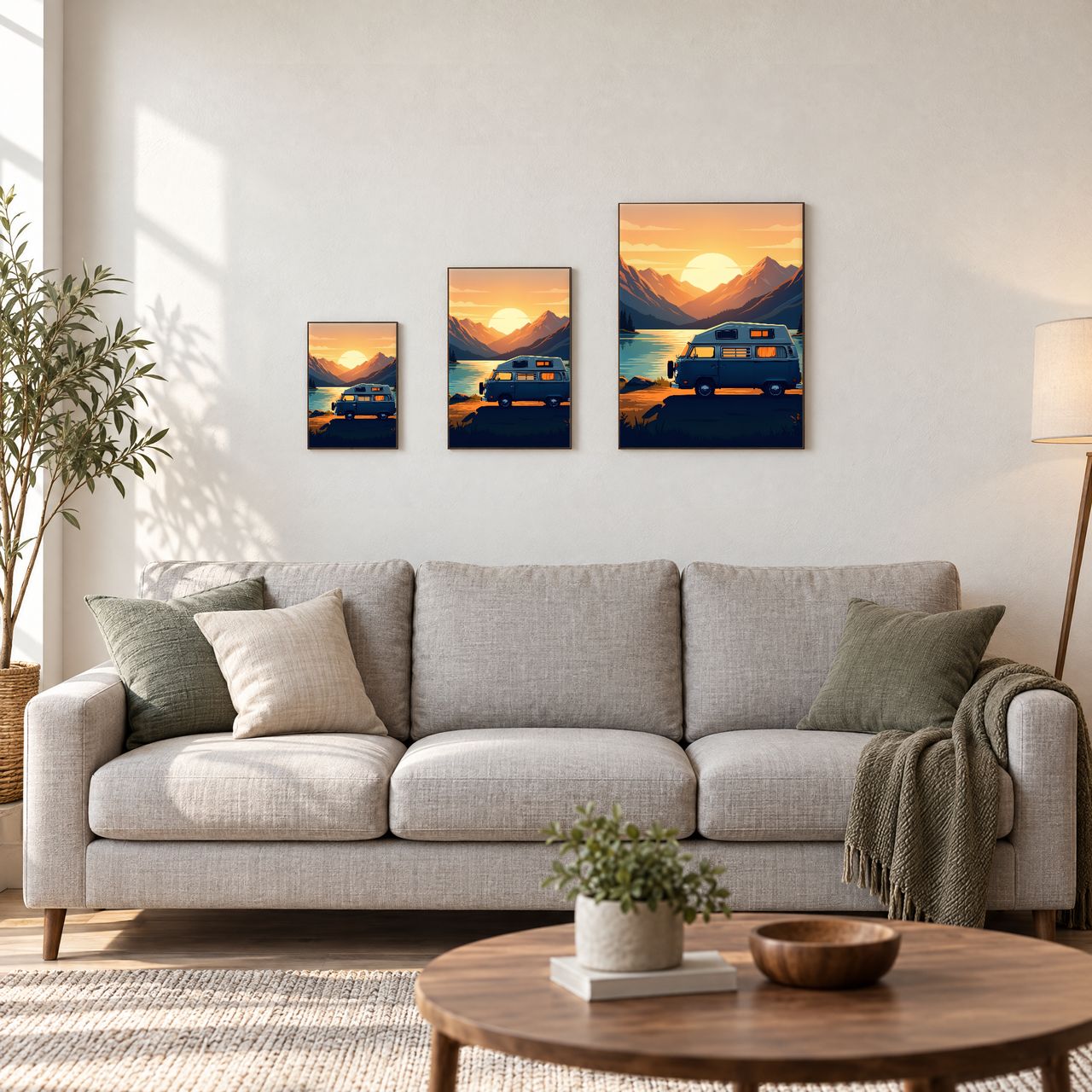 Holzposter Slateblauer Camper am Morgensee in drei Größen, A4, A3 und A2, an der Wand über dem Sofa