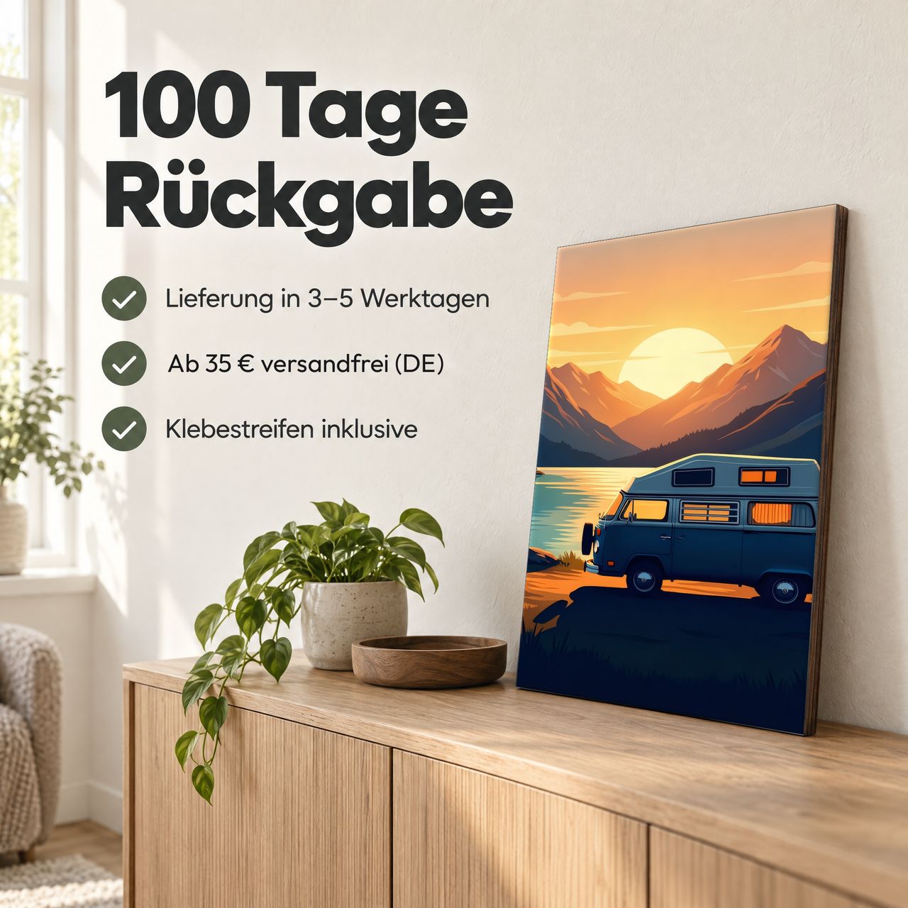 Holzposter Slateblauer Camper am Morgensee: 100 Tage Rückgabe, Lieferung in 3–5 Werktagen, Klebestreifen inklusive