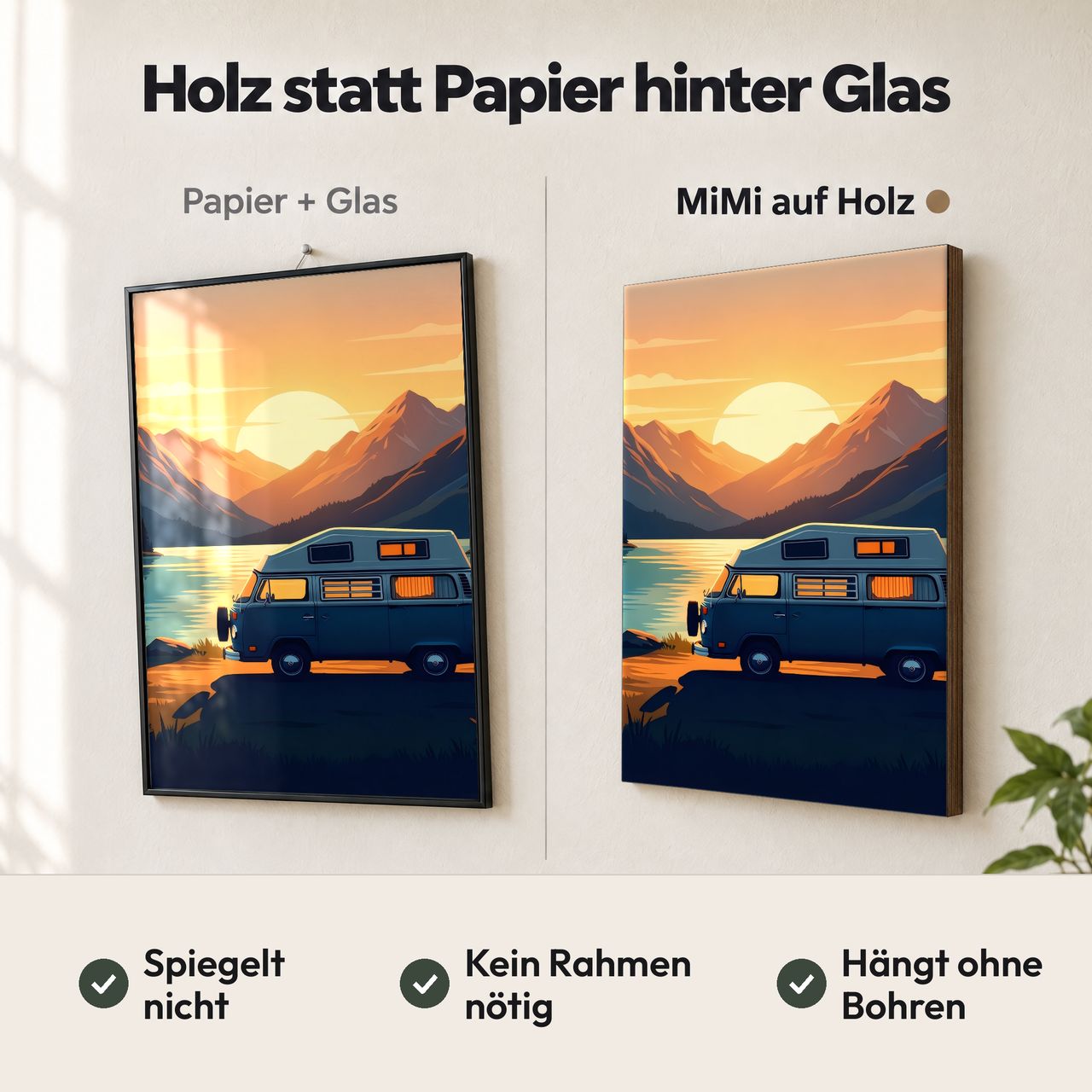 Holzposter Slateblauer Camper am Morgensee im Vergleich: Papier hinter Glas spiegelt, MiMi auf Holz nicht