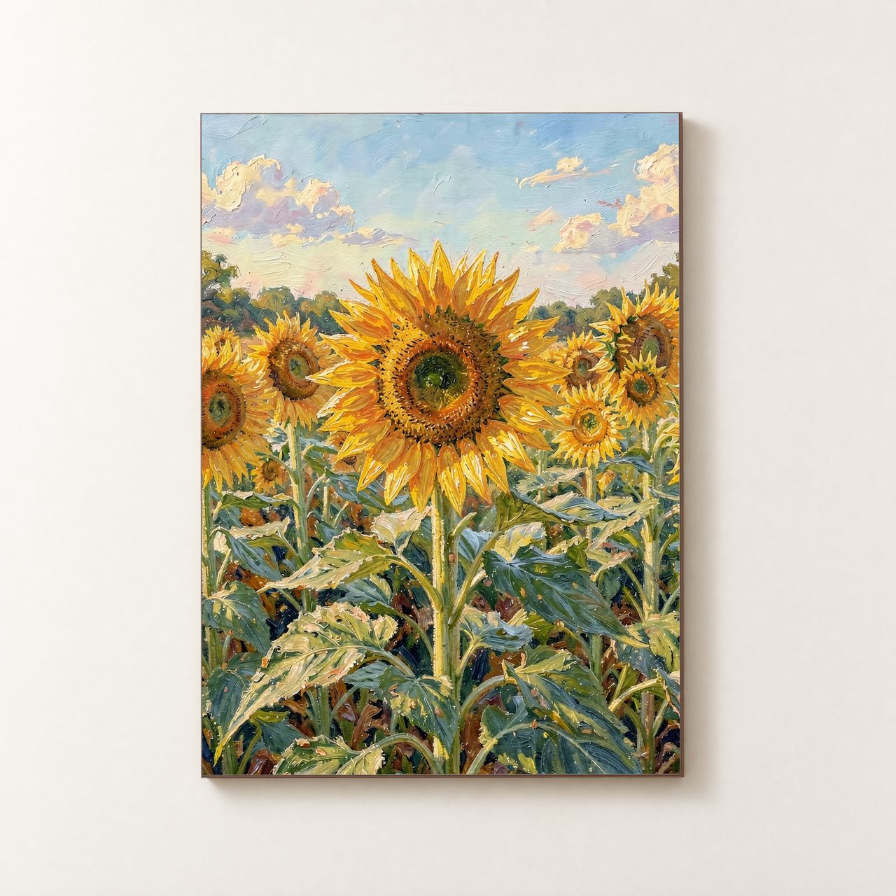 Vorderansicht des Holzposters mit einem großen Sonnenblumenkopf und umliegenden Blüten im impressionistischen Stil
