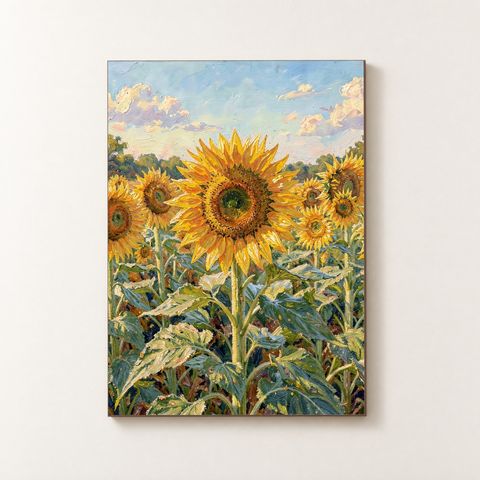Vorderansicht des Holzposters mit einem großen Sonnenblumenkopf und umliegenden Blüten im impressionistischen Stil
