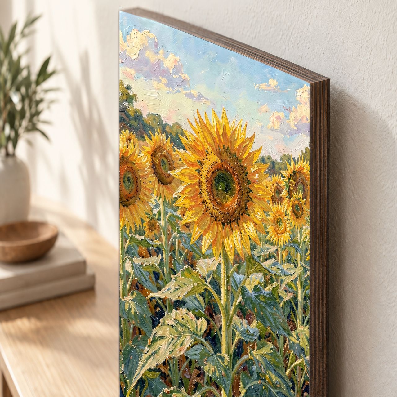 Holzposter Sonnenblumenfeld aus echtem Holz, 8–10 mm stark, mit sichtbarer Holzkante
