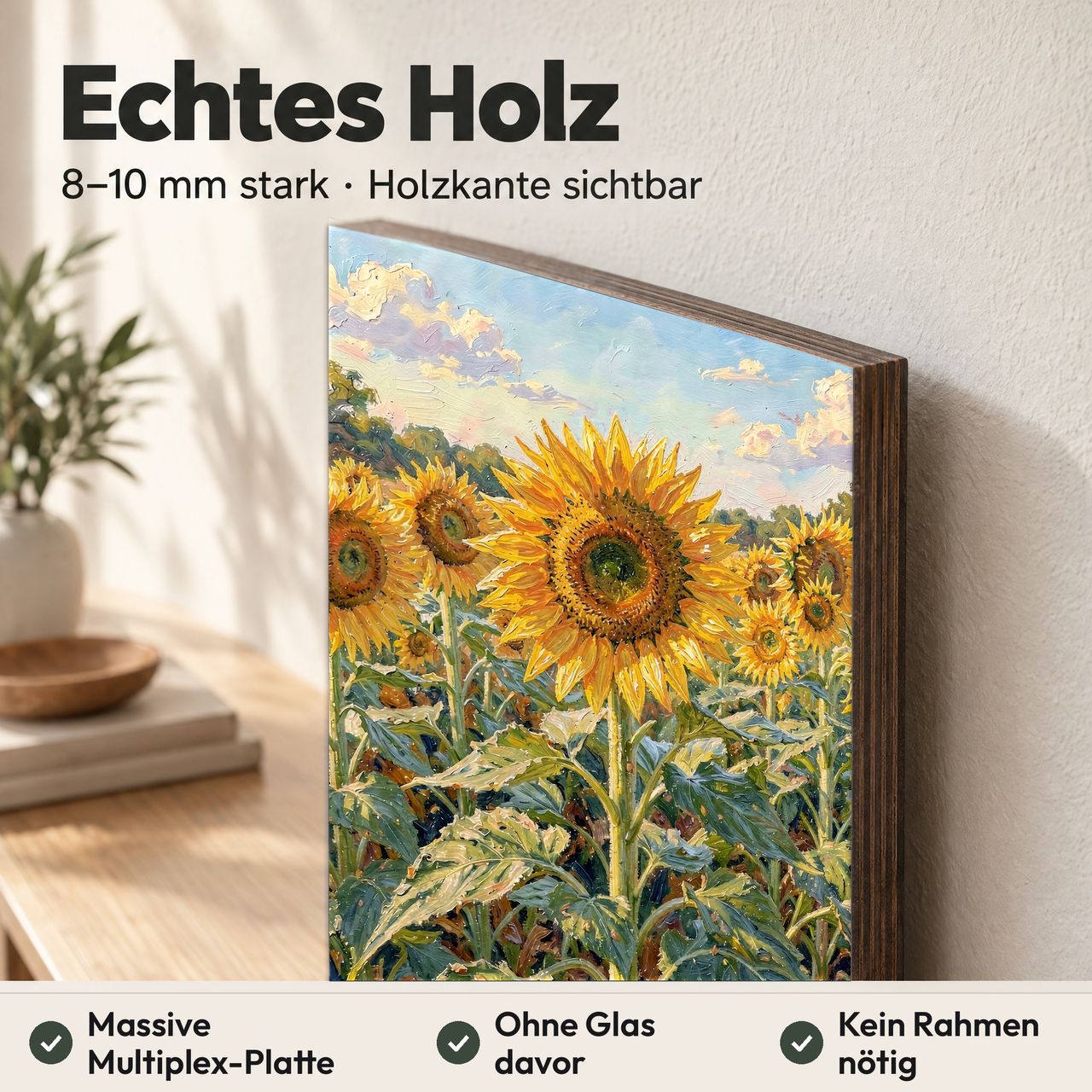 Holzposter Sonnenblumenfeld aus echtem Holz, 8–10 mm stark, mit sichtbarer Holzkante