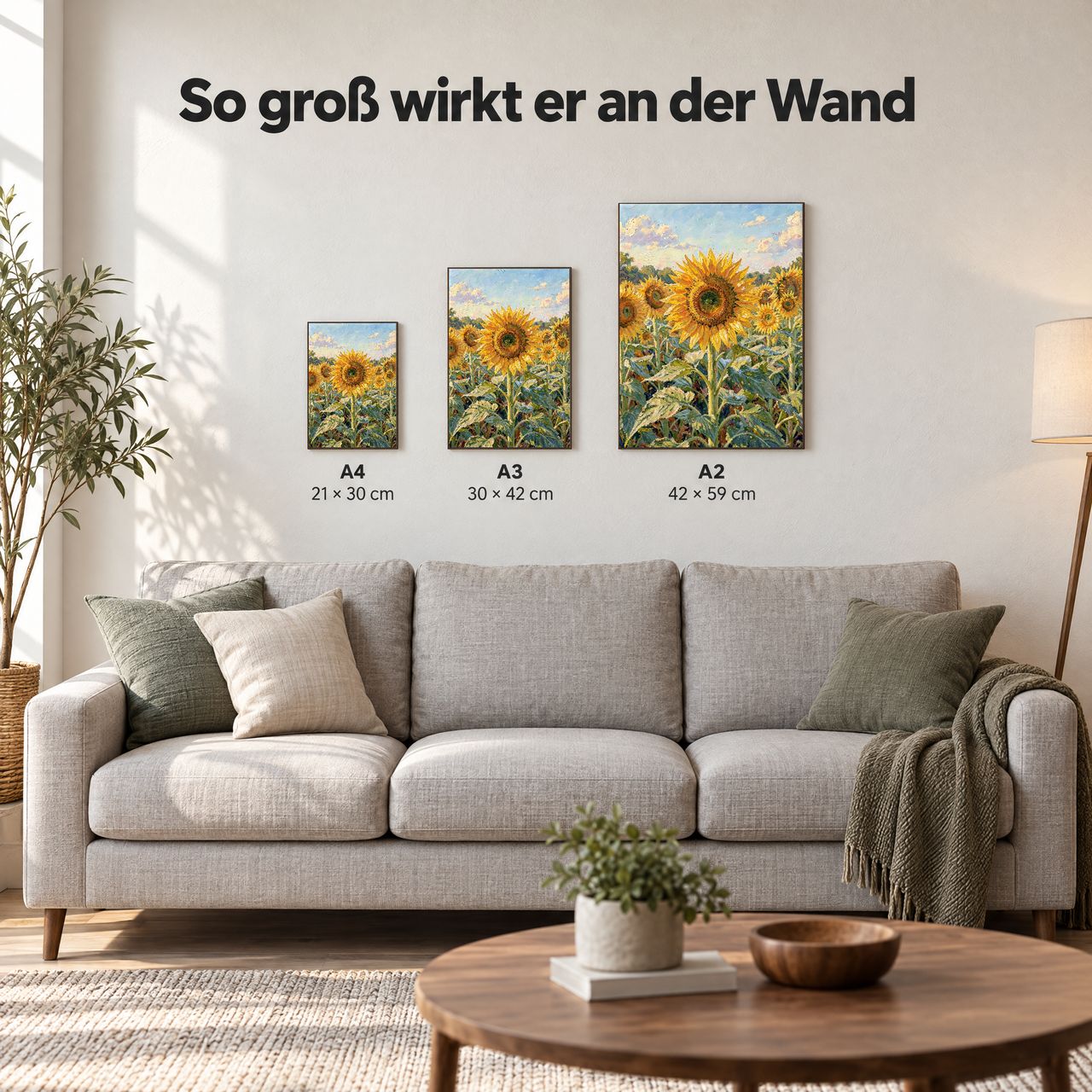 Holzposter Sonnenblumenfeld in A4, A3 und A2 an der Wand über dem Sofa: so groß wirkt er