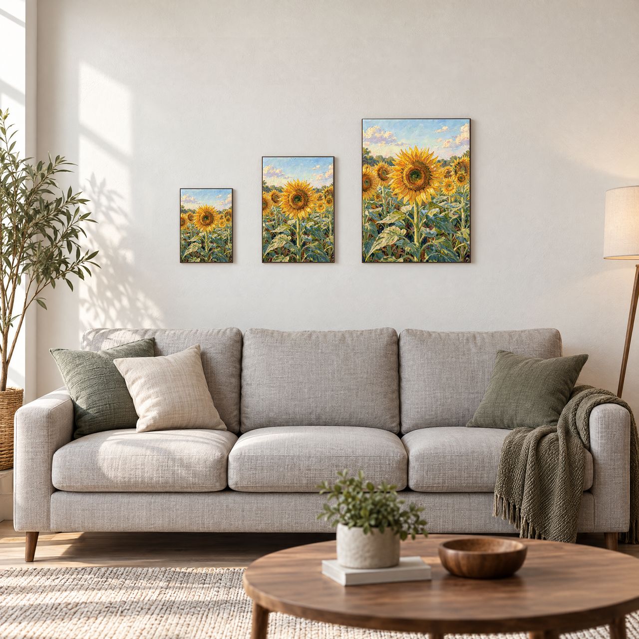 Holzposter Sonnenblumenfeld in drei Größen, A4, A3 und A2, an der Wand über dem Sofa