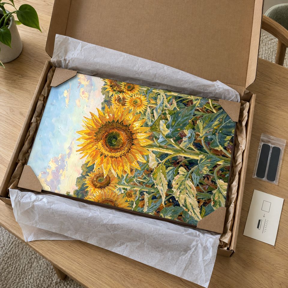 Holzposter Sonnenblumenfeld im Paket: mit Kantenschutz an allen vier Ecken und Seidenpapier verpackt
