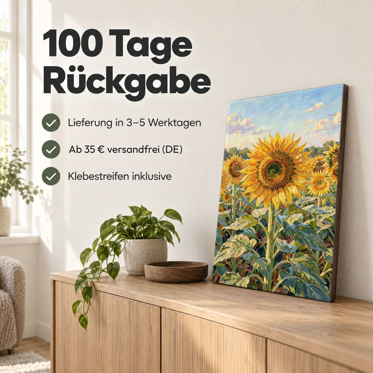 Holzposter Sonnenblumenfeld: 100 Tage Rückgabe, Lieferung in 3–5 Werktagen, Klebestreifen inklusive