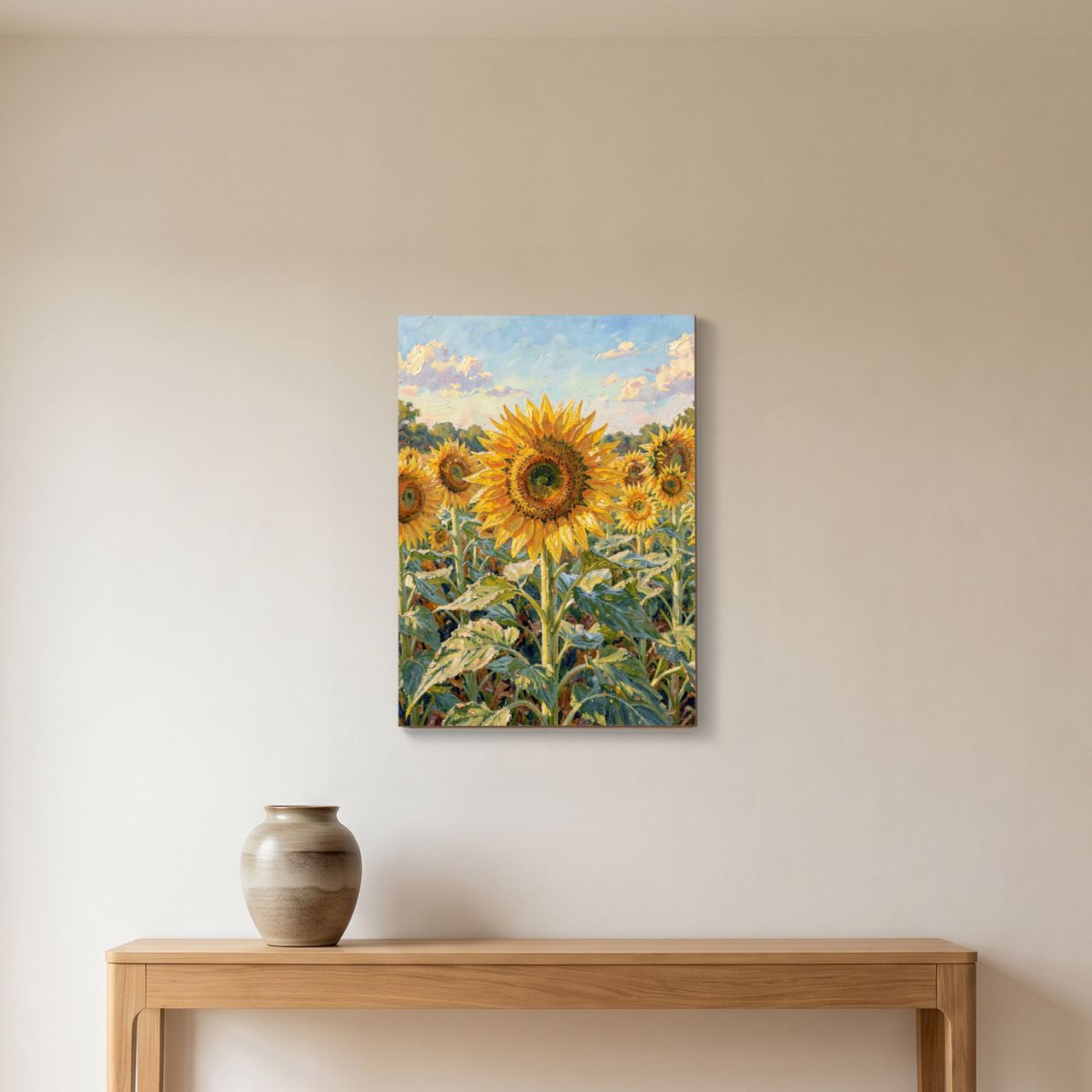 Holzposter im Flur, Sonnenblumenmotiv beleuchtet von Tageslicht