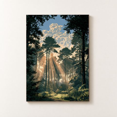 Vorderansicht des Holzposters mit goldenen Sonnenstrahlen im dunklen Wald