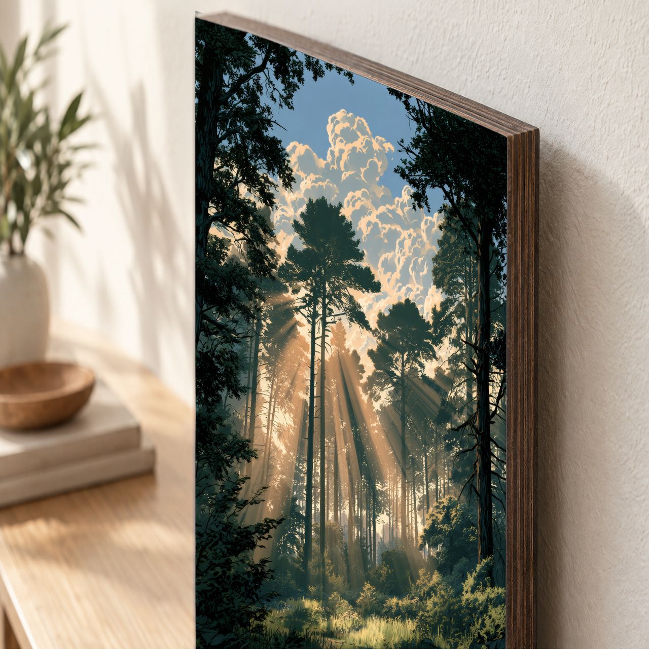 Holzposter Sonnenstrahlen im Wald – goldene Diagonale aus echtem Holz, 8–10 mm stark, mit sichtbarer Holzkante