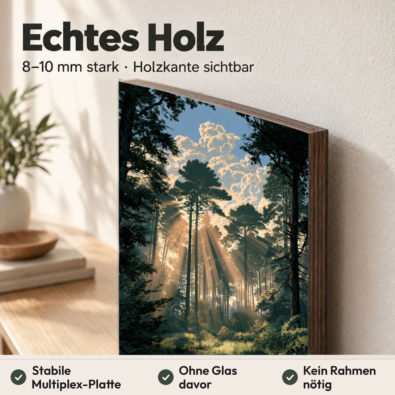 Holzposter Sonnenstrahlen im Wald – goldene Diagonale aus echtem Holz, 8–10 mm stark, mit sichtbarer Holzkante