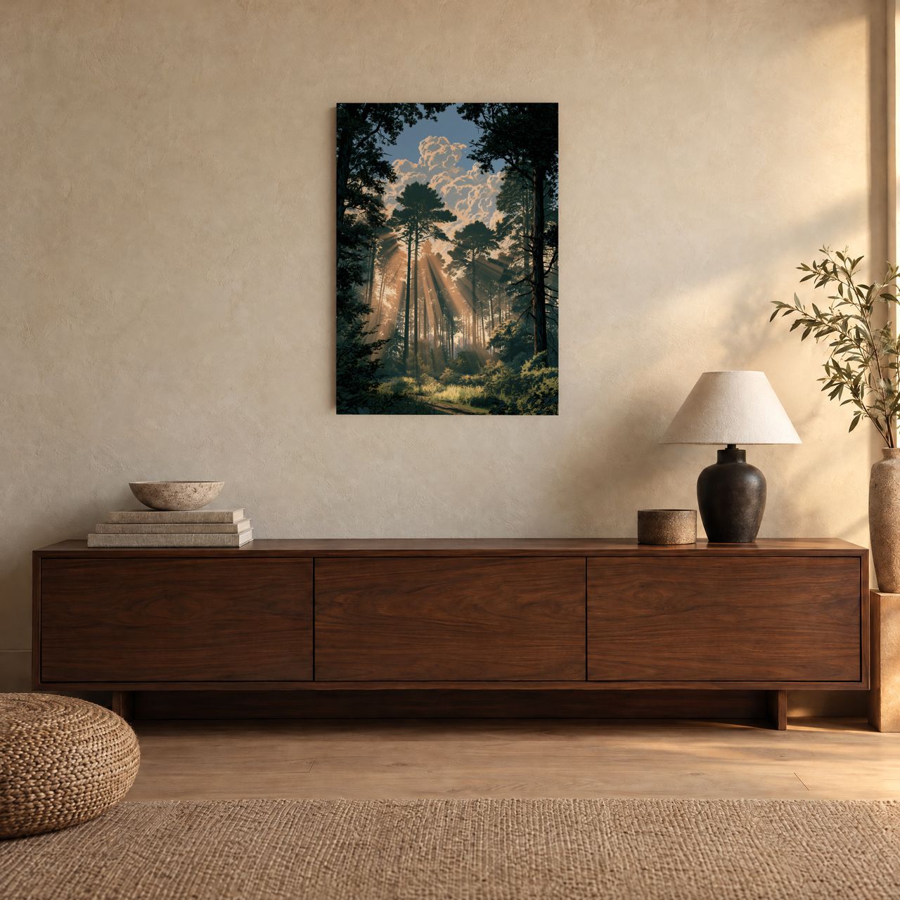Sonnenstrahlen im Wald – goldene Diagonale Holzposter über einem Sideboard aus dunklem Holz