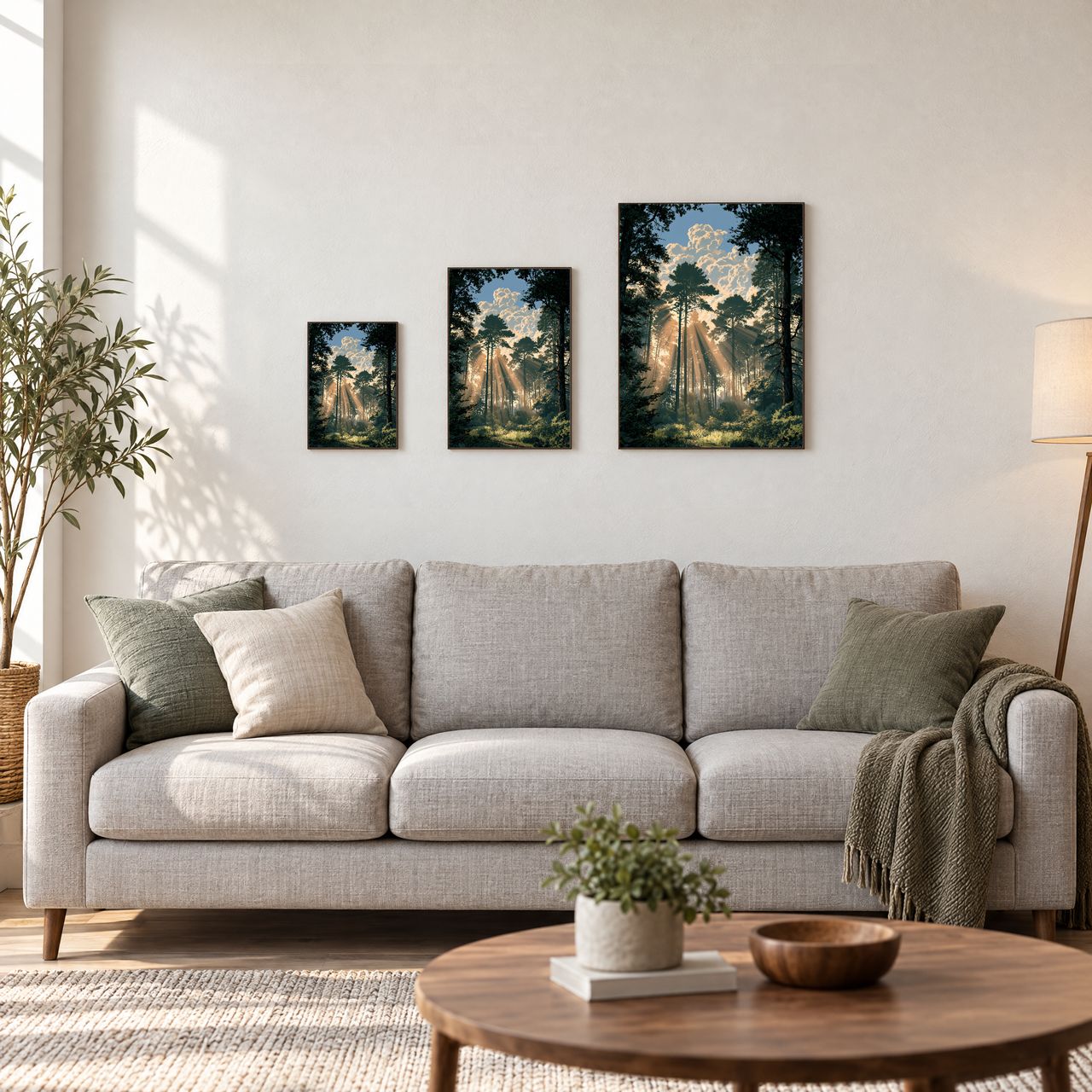 Holzposter Sonnenstrahlen im Wald – goldene Diagonale in drei Größen, A4, A3 und A2, an der Wand über dem Sofa