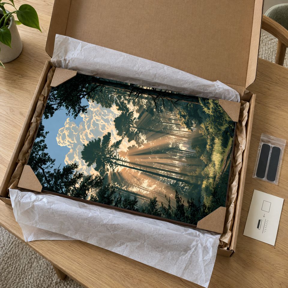Holzposter Sonnenstrahlen im Wald – goldene Diagonale im Paket: mit Kantenschutz an allen vier Ecken und Seidenpapier verpackt
