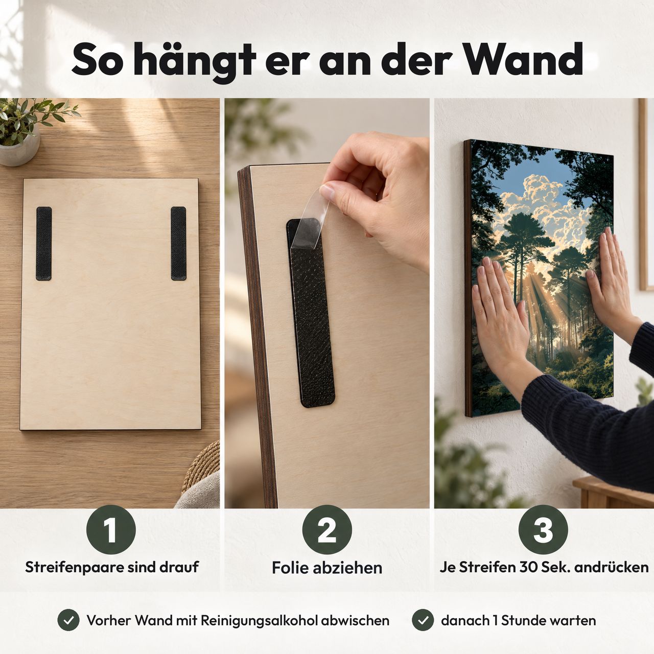 Holzposter Sonnenstrahlen im Wald – goldene Diagonale in 3 Schritten an der Wand: Streifen sind drauf, Folie abziehen, andrücken