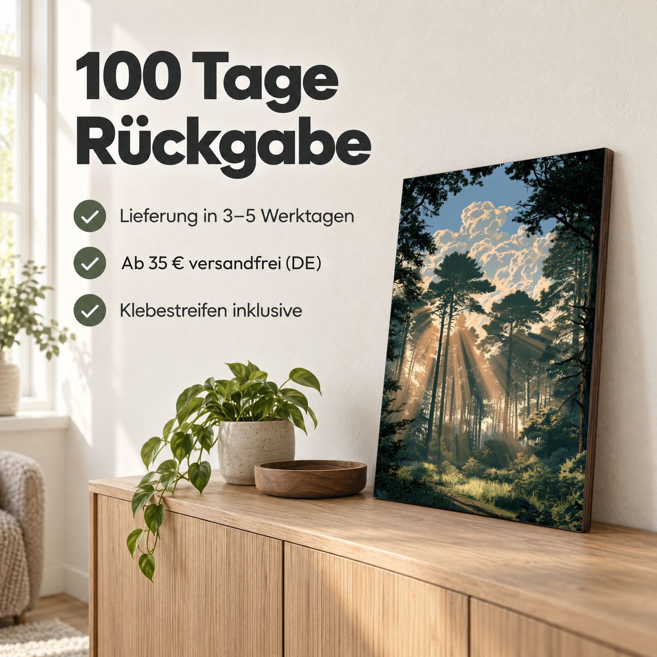 Holzposter Sonnenstrahlen im Wald – goldene Diagonale: 100 Tage Rückgabe, Lieferung in 3–5 Werktagen, Klebestreifen inklusive
