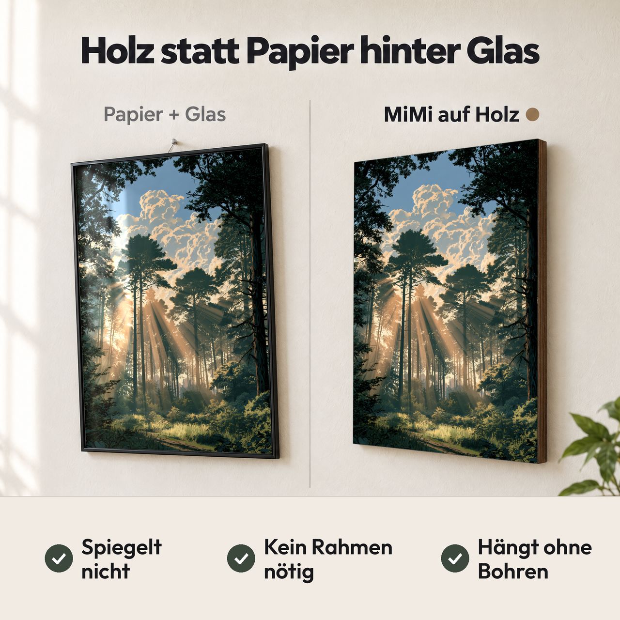 Holzposter Sonnenstrahlen im Wald – goldene Diagonale im Vergleich: Papier hinter Glas spiegelt, MiMi auf Holz nicht