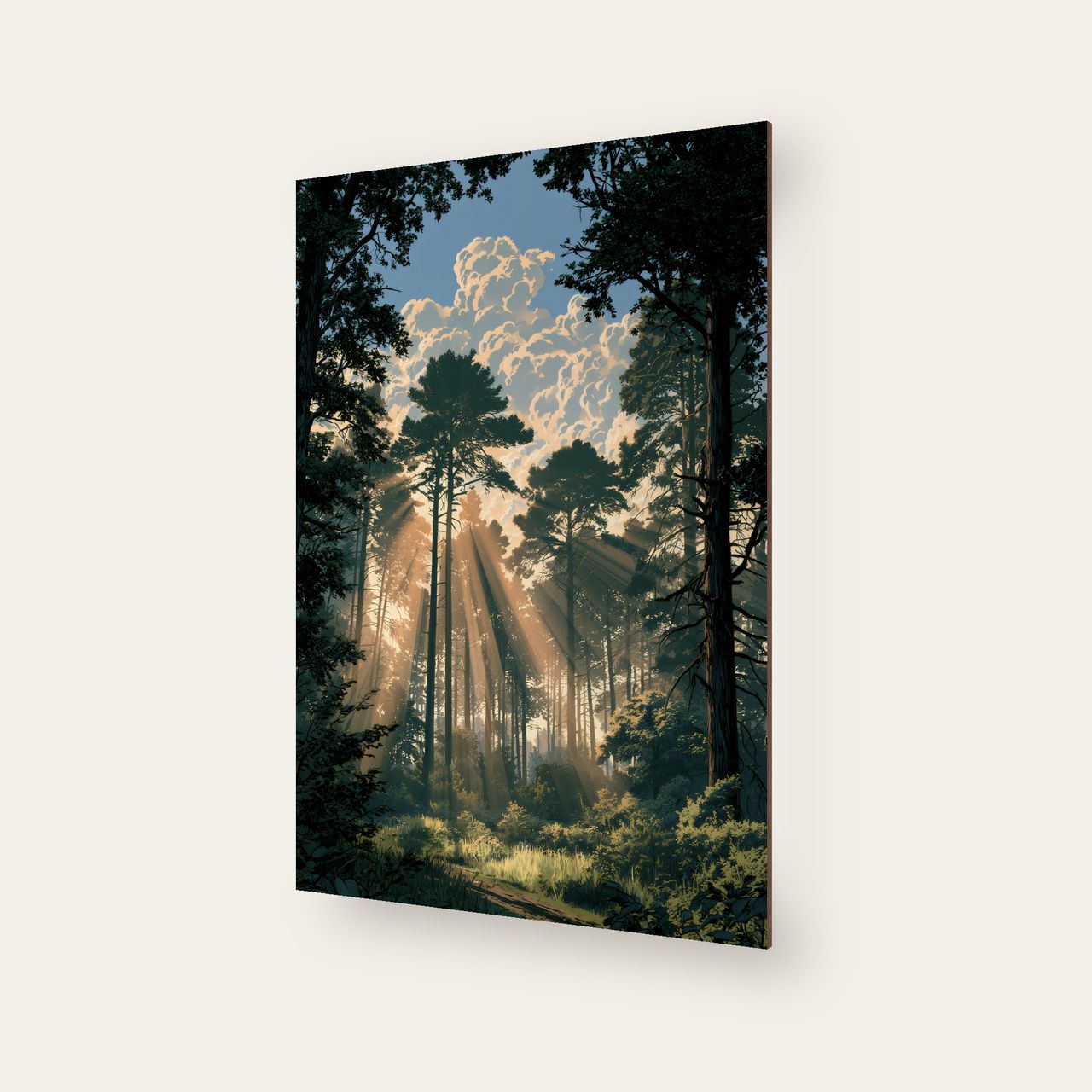 Schräg aufgenommenes Holzposter, sichtbare Holzkante und klare Linien