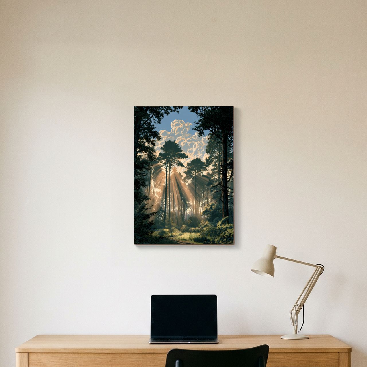 Holzposter im Arbeitszimmer, goldene Strahlen und klarer blauer Himmel