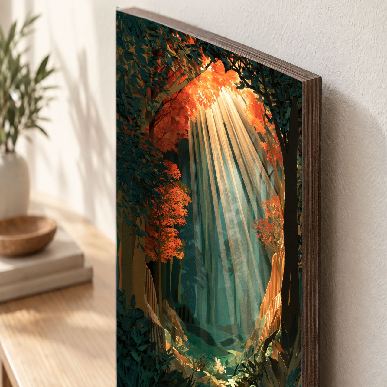 Holzposter Sonnenstrahlen im Wald – orange‑teal Licht aus echtem Holz, 8–10 mm stark, mit sichtbarer Holzkante