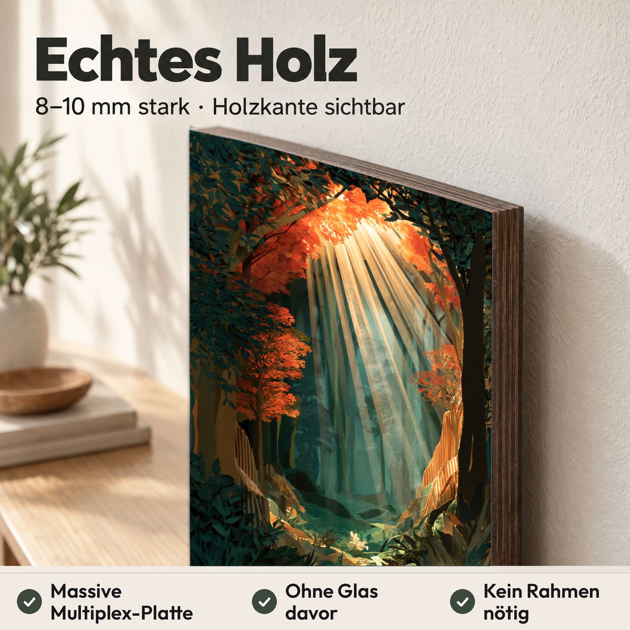Holzposter Sonnenstrahlen im Wald – orange‑teal Licht aus echtem Holz, 8–10 mm stark, mit sichtbarer Holzkante
