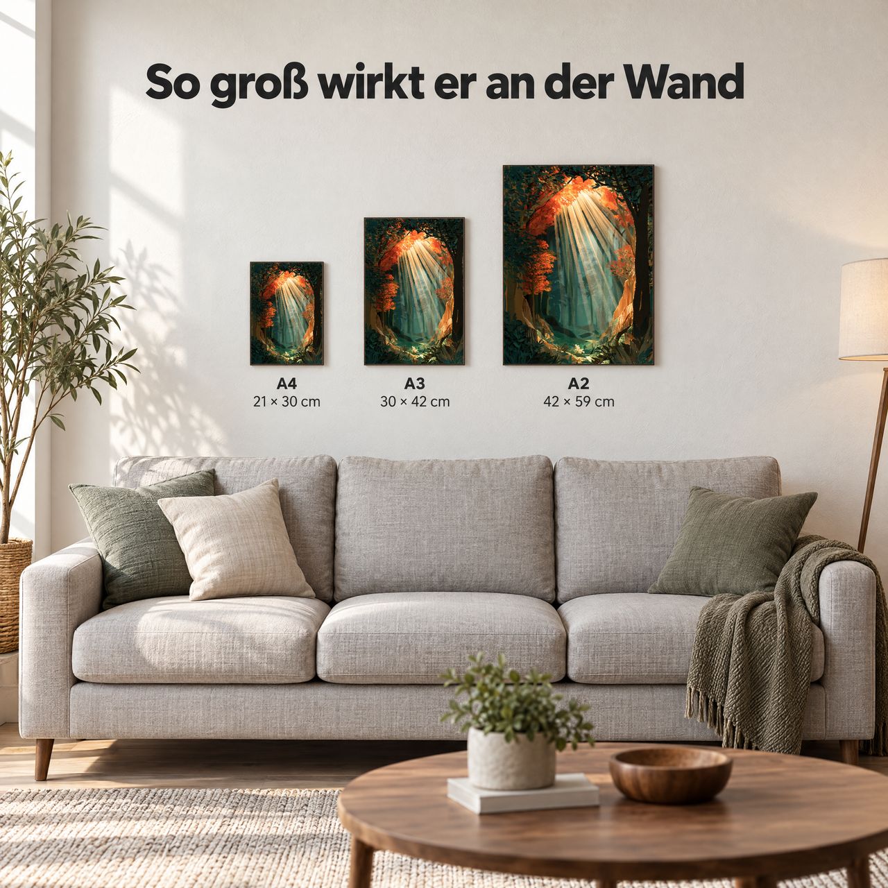 Holzposter Sonnenstrahlen im Wald – orange‑teal Licht in A4, A3 und A2 an der Wand über dem Sofa: so groß wirkt er