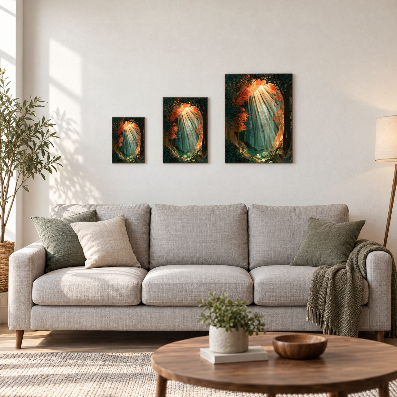 Holzposter Sonnenstrahlen im Wald – orange‑teal Licht in drei Größen, A4, A3 und A2, an der Wand über dem Sofa