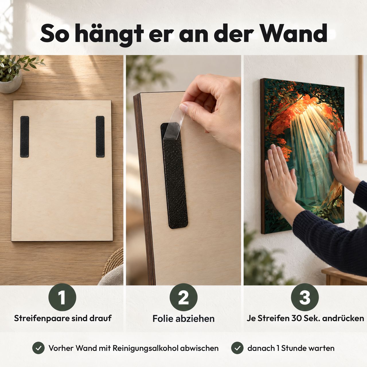 Holzposter Sonnenstrahlen im Wald – orange‑teal Licht in 3 Schritten an der Wand: Streifen sind drauf, Folie abziehen, andrücken