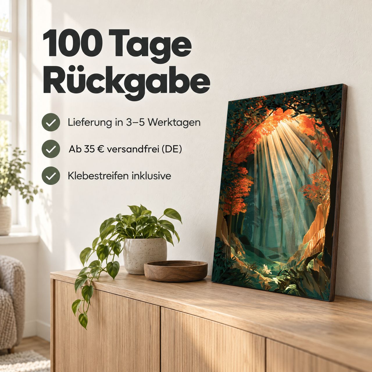Holzposter Sonnenstrahlen im Wald – orange‑teal Licht: 100 Tage Rückgabe, Lieferung in 3–5 Werktagen, Klebestreifen inklusive