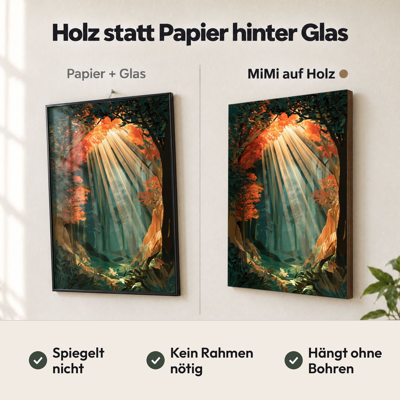 Holzposter Sonnenstrahlen im Wald – orange‑teal Licht im Vergleich: Papier hinter Glas spiegelt, MiMi auf Holz nicht
