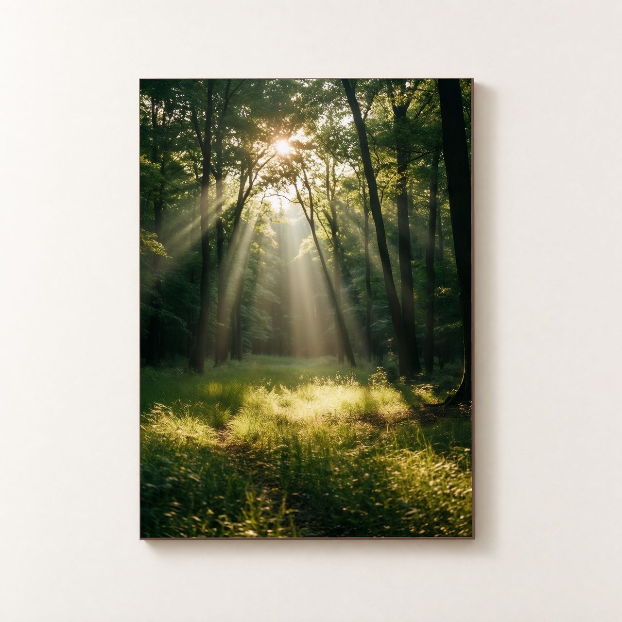 Vorderansicht des Holzposters mit einem Sonnenstrahl, der durch das Blätterdach einer Waldlichtung fällt