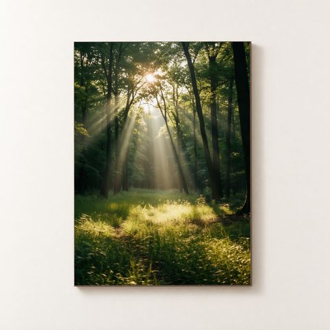 Vorderansicht des Holzposters mit einem Sonnenstrahl, der durch das Blätterdach einer Waldlichtung fällt