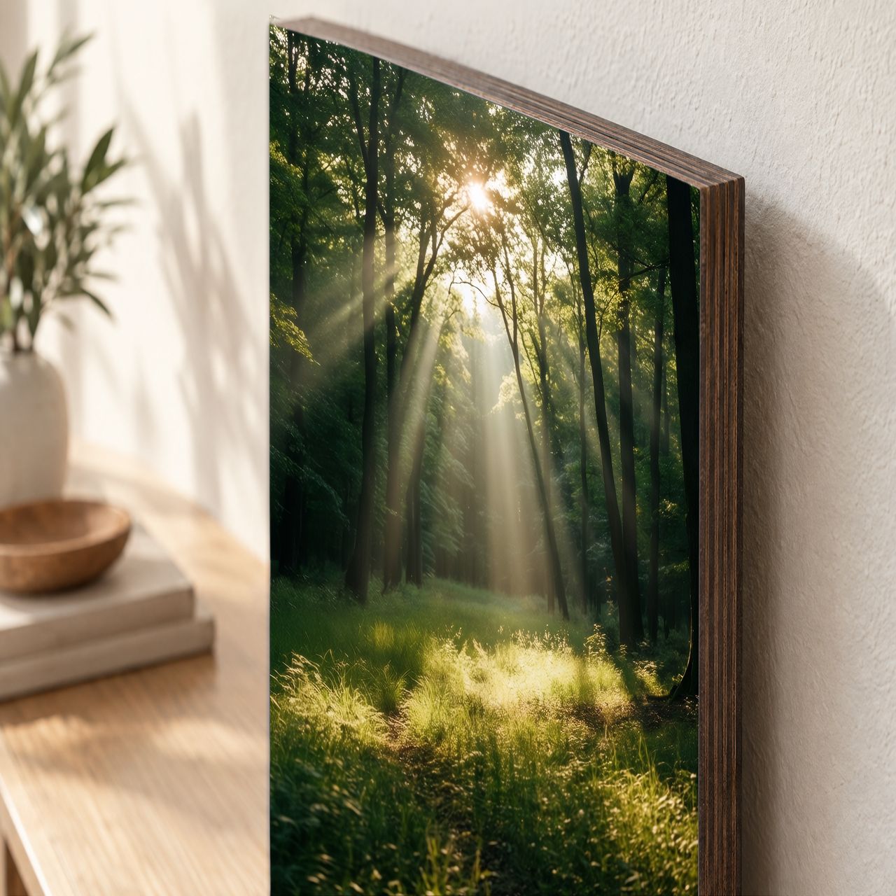Holzposter Sonnenstrahlen im Waldlicht aus echtem Holz, 8–10 mm stark, mit sichtbarer Holzkante