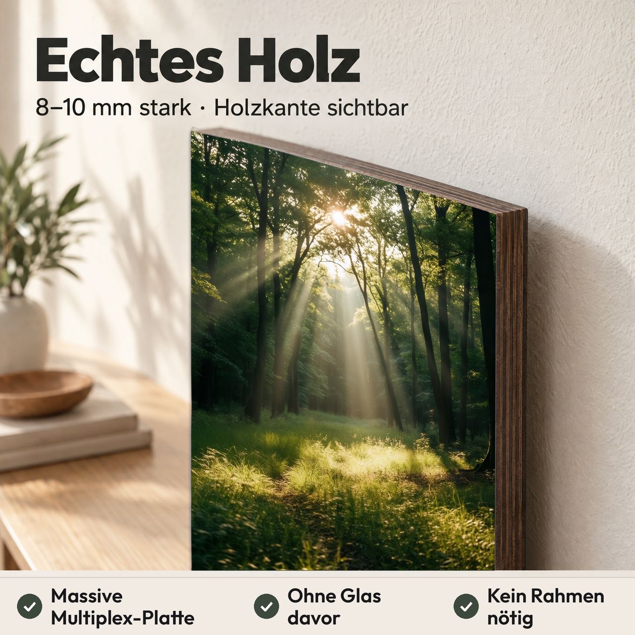 Holzposter Sonnenstrahlen im Waldlicht aus echtem Holz, 8–10 mm stark, mit sichtbarer Holzkante