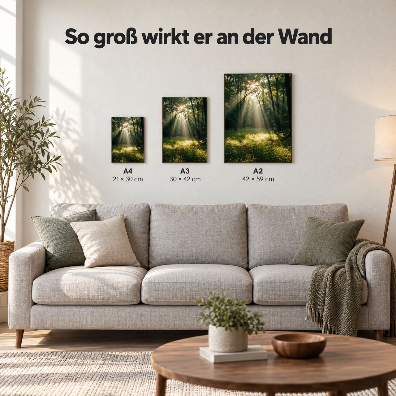 Holzposter Sonnenstrahlen im Waldlicht in A4, A3 und A2 an der Wand über dem Sofa: so groß wirkt er