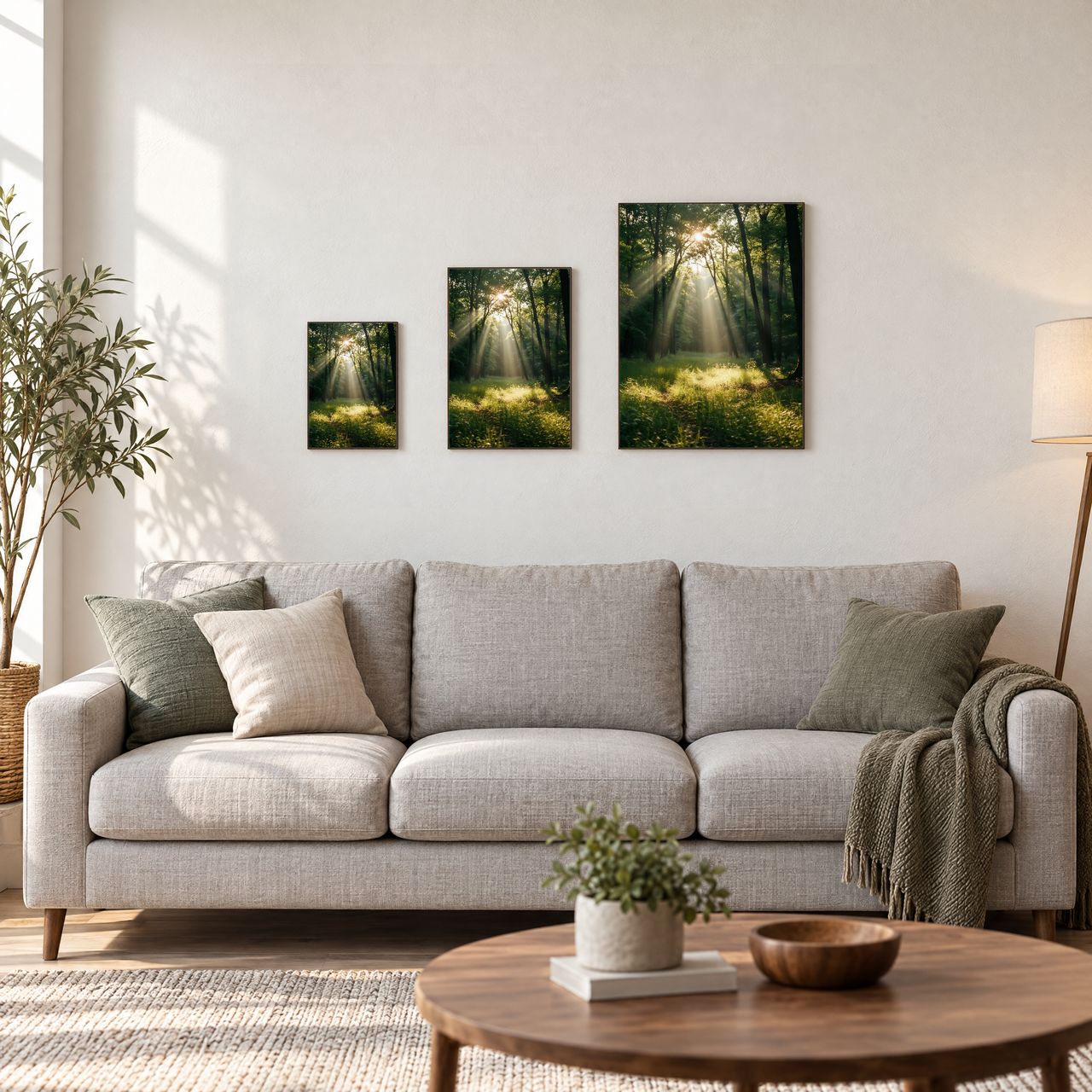 Holzposter Sonnenstrahlen im Waldlicht in drei Größen, A4, A3 und A2, an der Wand über dem Sofa