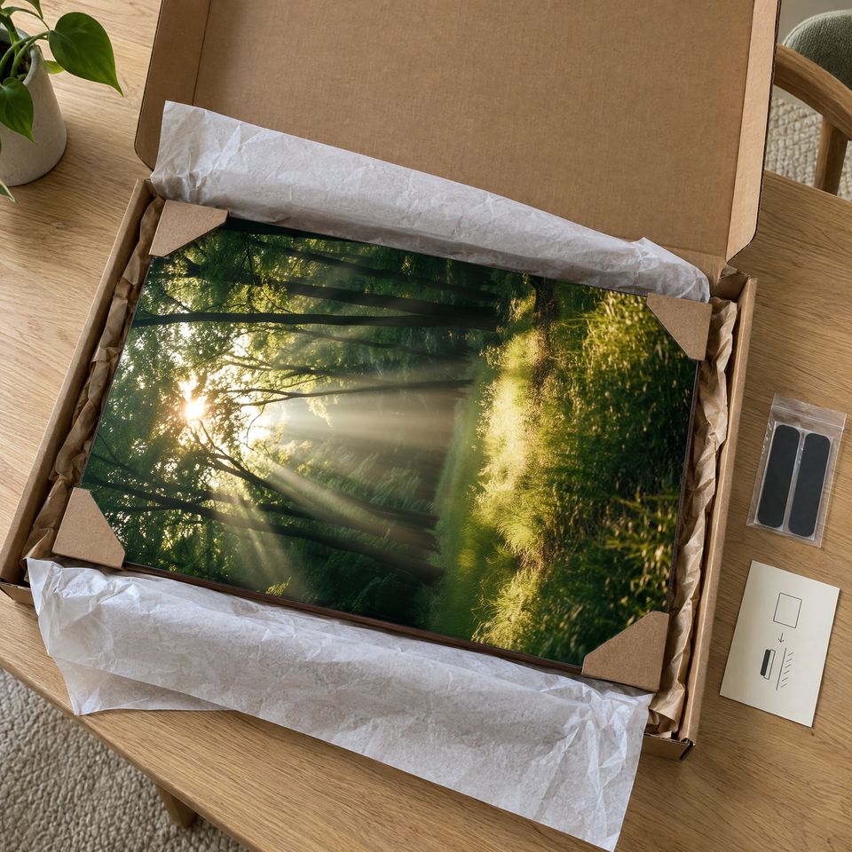 Holzposter Sonnenstrahlen im Waldlicht im Paket: mit Kantenschutz an allen vier Ecken und Seidenpapier verpackt