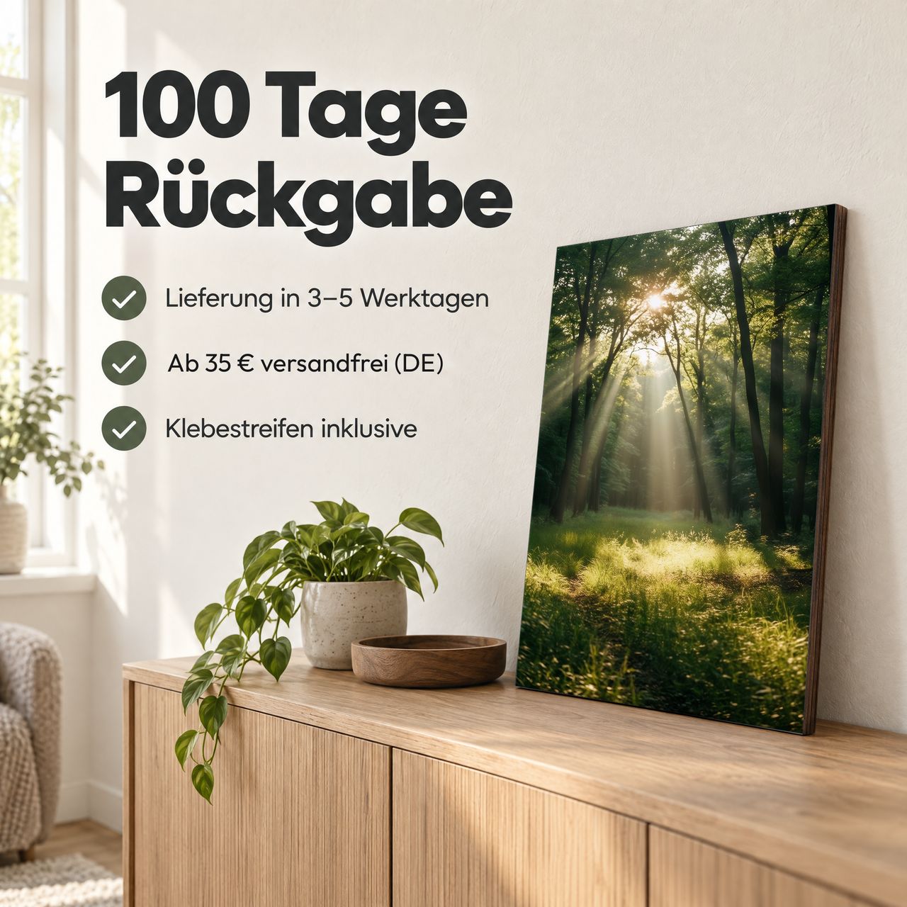 Holzposter Sonnenstrahlen im Waldlicht: 100 Tage Rückgabe, Lieferung in 3–5 Werktagen, Klebestreifen inklusive