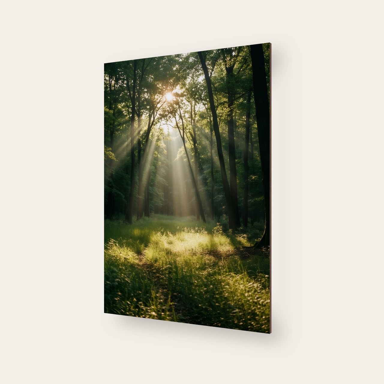 Schräg aufgenommenes Holzposter mit sichtbarer Holzkante und dem leuchtenden Pfad im Wald
