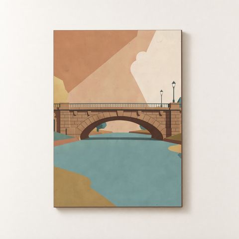 Vorderansicht des Holzposters mit einer geometrischen Steinbrücke über einem Fluss