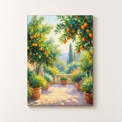 Vorderansicht des Holzposters: Zitronenbäume, Terrakotta‑Topf und sonnige Terrasse