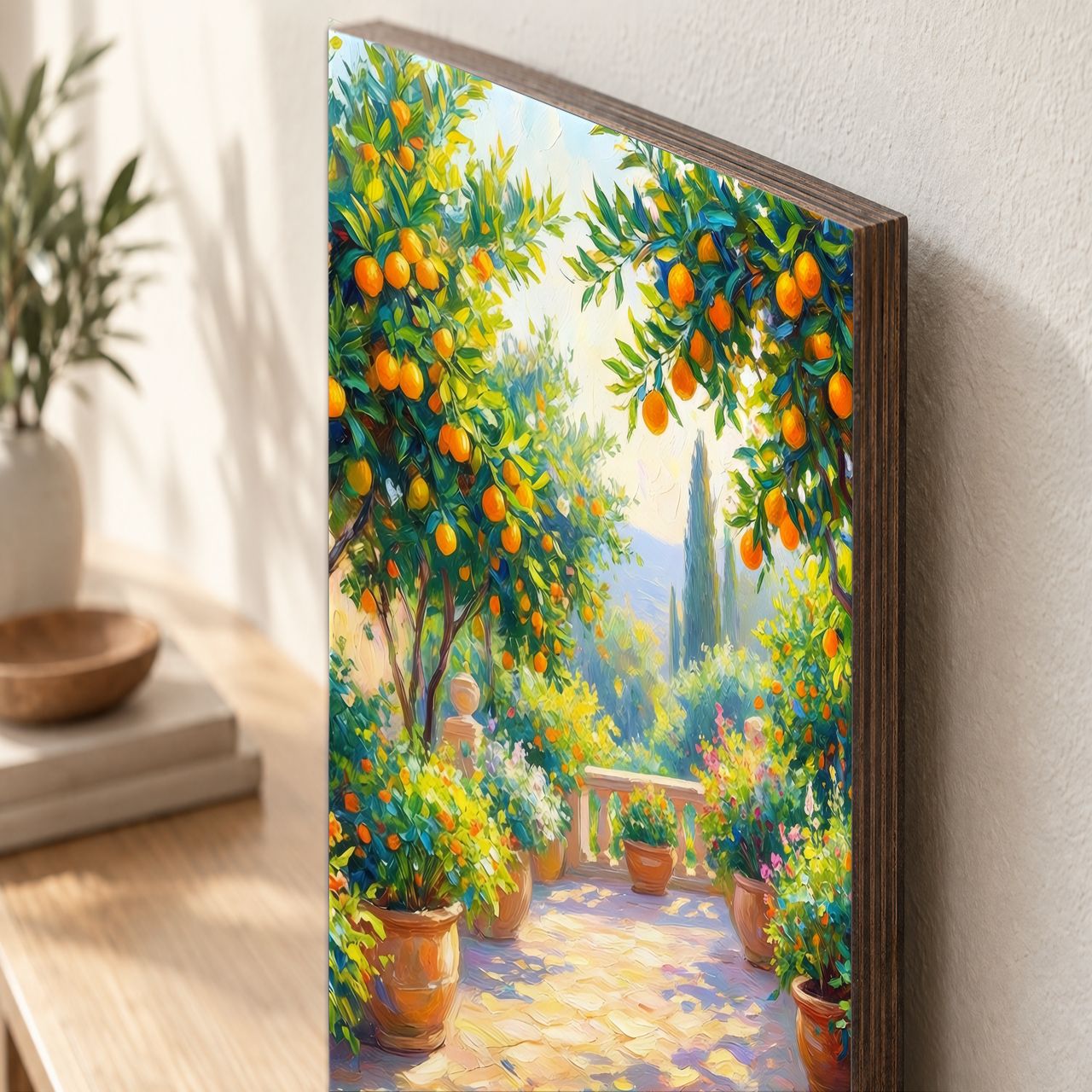 Holzposter Terrassen-Zitrusgarten im Sonnenlicht aus echtem Holz, 8–10 mm stark, mit sichtbarer Holzkante