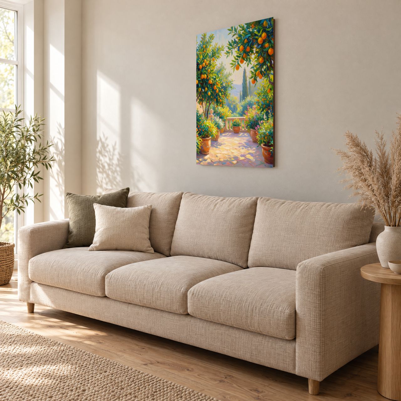 Terrassen-Zitrusgarten im Sonnenlicht Holzposter über einem hellen Sofa im Wohnzimmer, schräg von der Seite gesehen