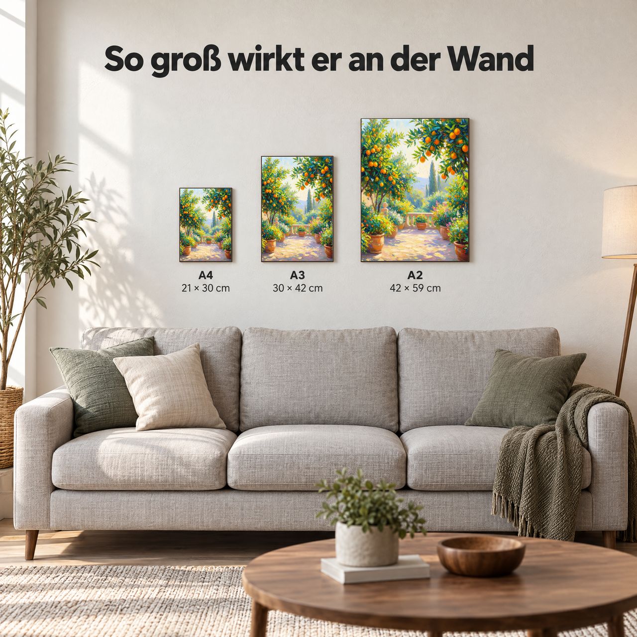 Holzposter Terrassen-Zitrusgarten im Sonnenlicht in A4, A3 und A2 an der Wand über dem Sofa: so groß wirkt er